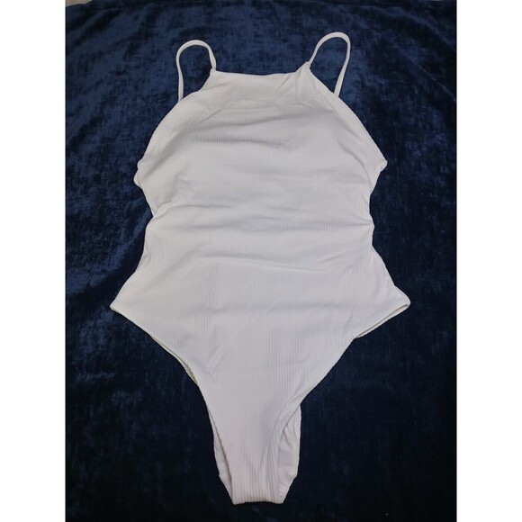 Andie Swim Coco White Ribbed Rib Asbury High Neck One Piece Swimsuit Size L NWT - Picture 2 of 10